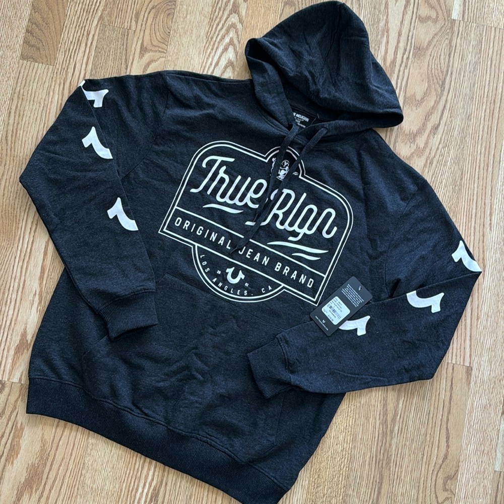 True Religion hooded sweater hoodie dark charcoal grey distressed design  NWT